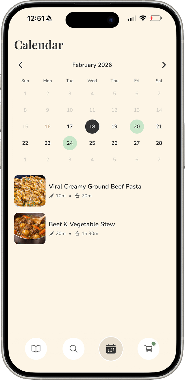 Calendar screen in FOODIE app