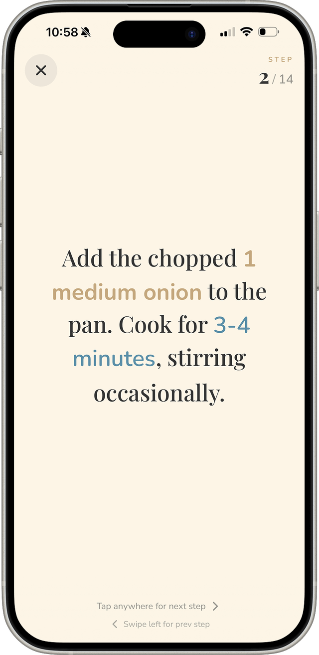Cook mode screen in FOODIE app