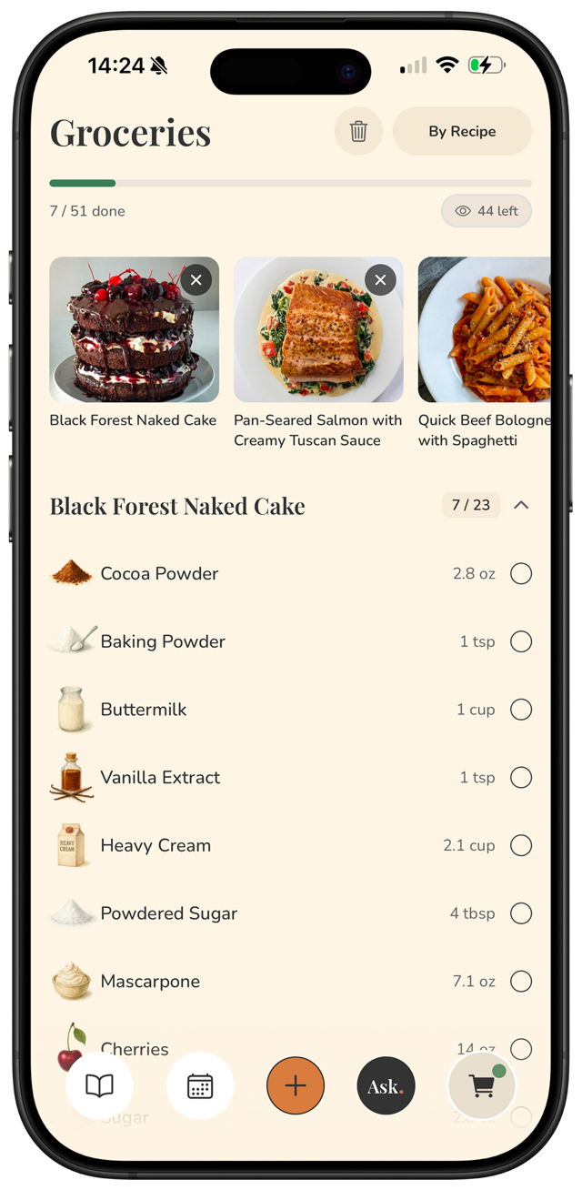 How to make a grocery list from recipes — FOODIE screen