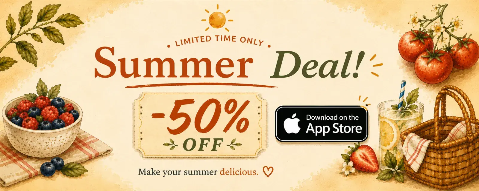 Summer Deal! Limited time only — 50% off. Make your summer delicious.