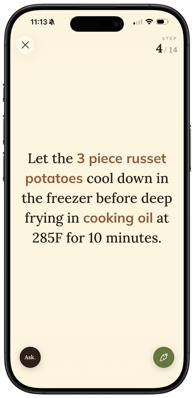 Cook mode screen in FOODIE app