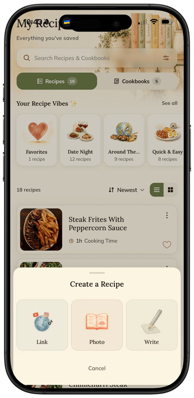 Create a recipe — Link, Photo or Write