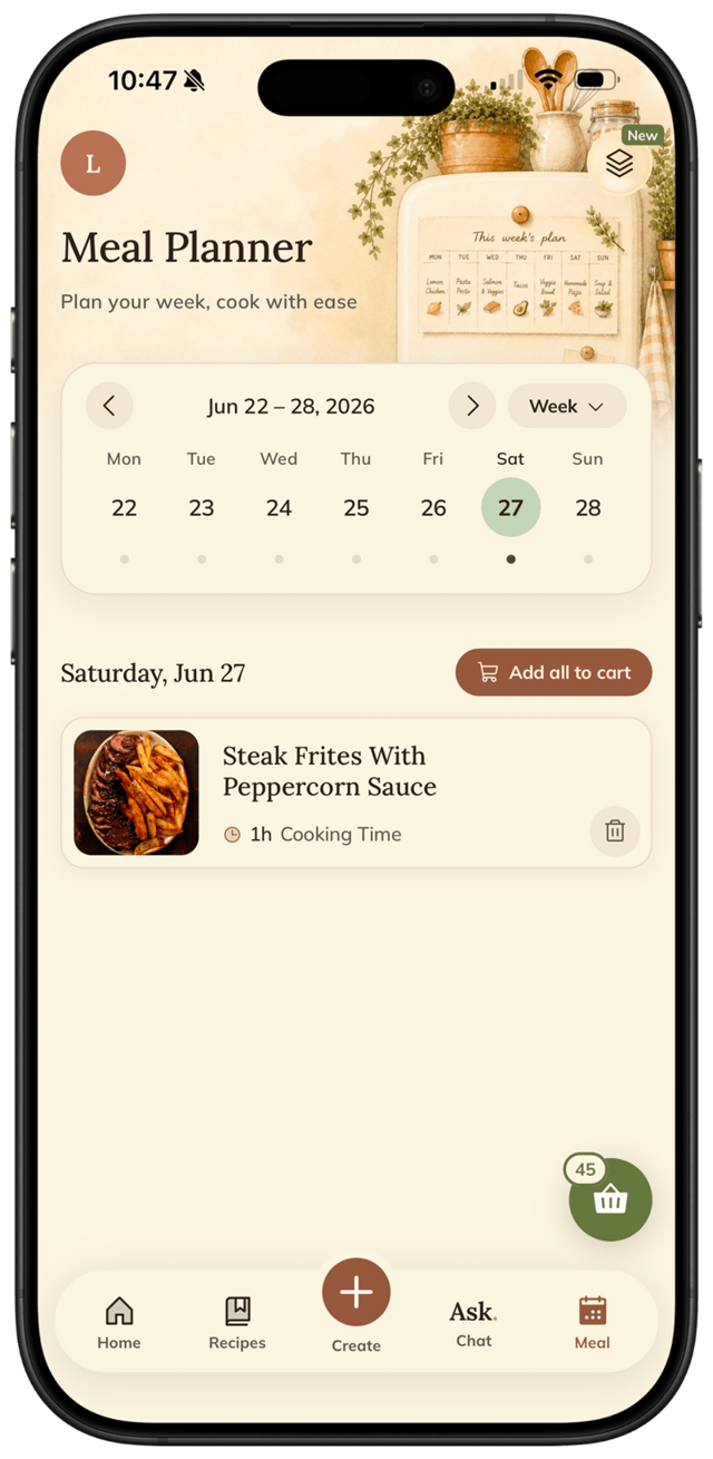 Meal Planner weekly view in FOODIE app