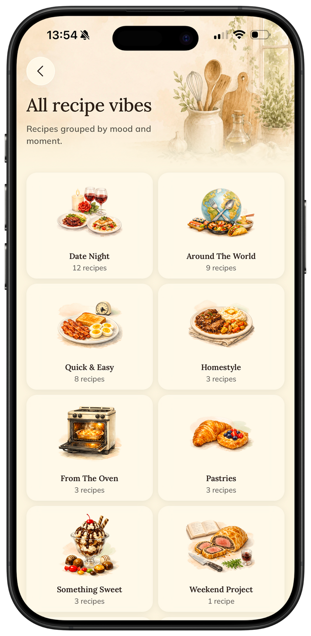 Ricette ordinate automaticamente in collezioni per mood nell’app FOODIE