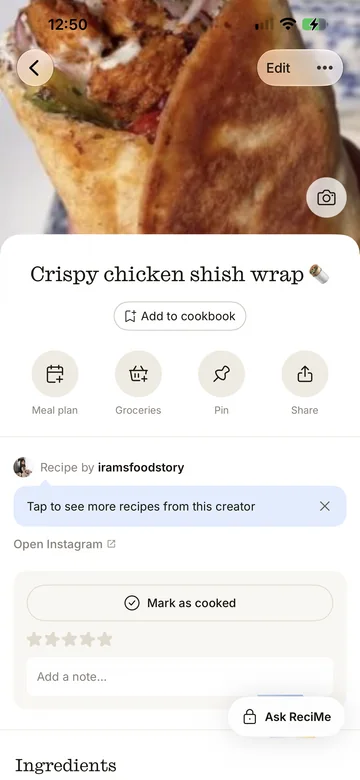 ReciMe — Rezeptübersicht: Crispy Chicken Shish Wrap